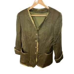 Hand Sewn Mossy Green V Neck Tunic Style Blazer with Decorative Buttons Sz 12